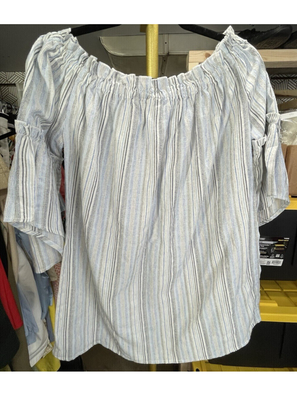 VANILLA BAY Women's L Blue On/Off Shoulder Top Striped 3/4 Bell Sleeve Blouse